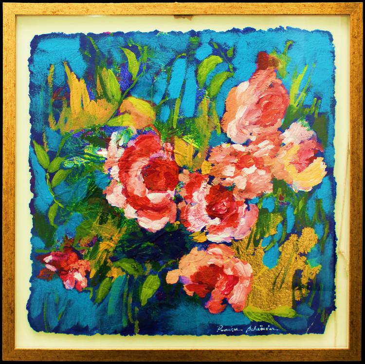 Vestígios de um Jardim, pintura de flores em fundo azul com folha metálica dourada