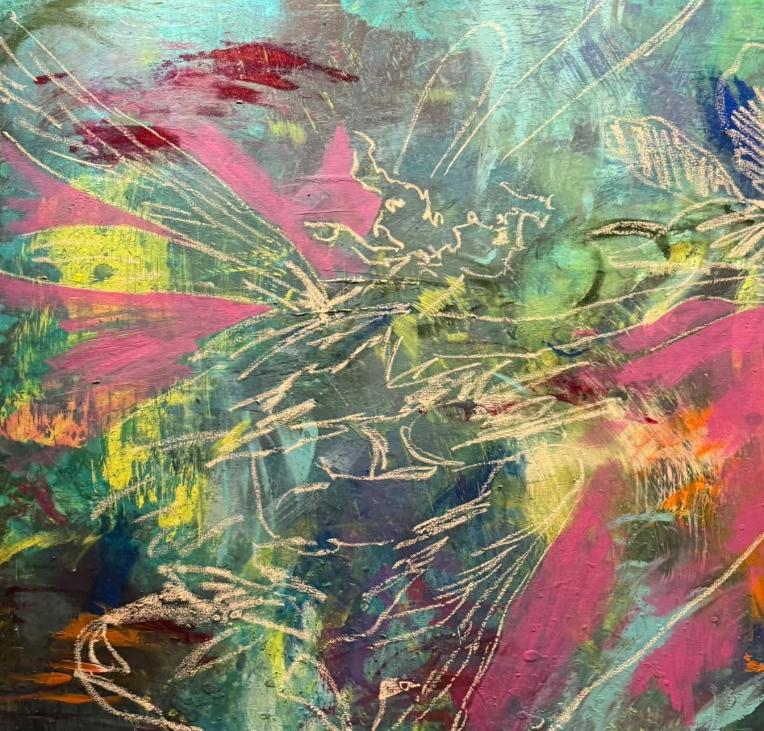 Jardim Inacabado, pintura abstrata em camadas de rosa, verde e dourado