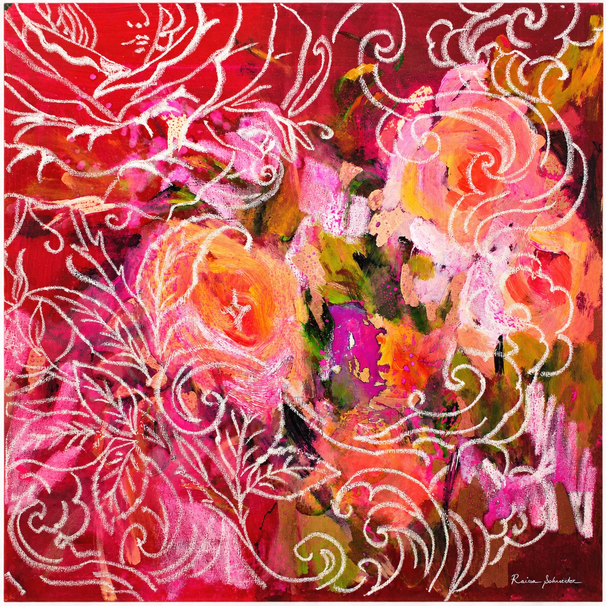 Matéria Viva, pintura de flores em vermelho, coral e dourado
