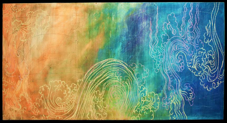 Deriva do Gesto, pintura horizontal com ondas que vão do laranja ao azul