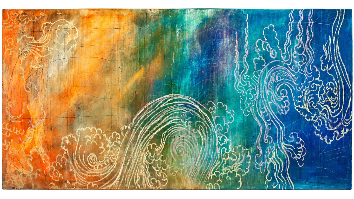 Deriva do Gesto, pintura horizontal com ondas que vão do laranja ao azul