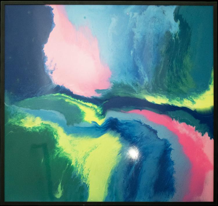 Vagalume, painel em resina epóxi com azuis profundos, rosa e verde luminoso